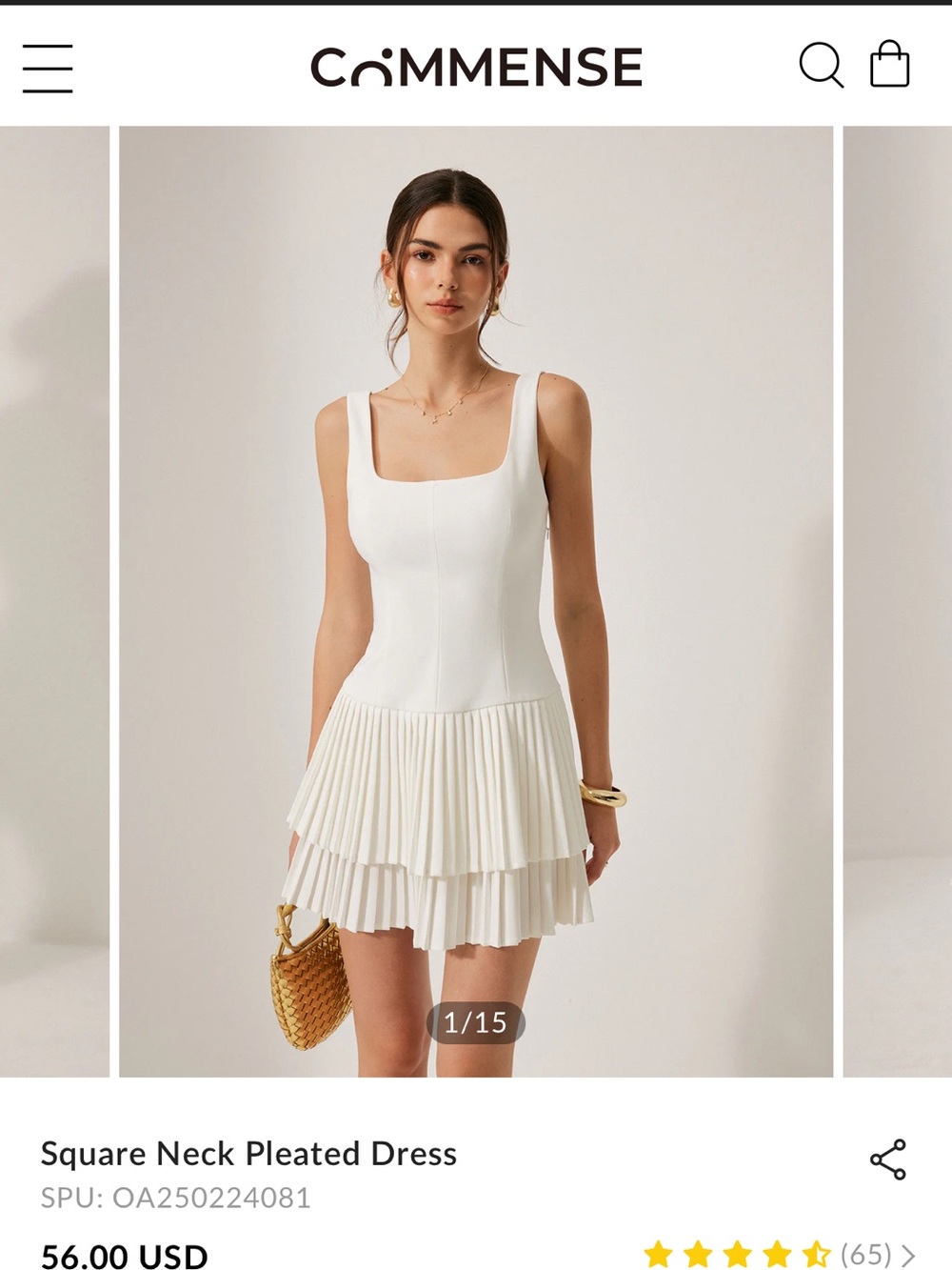 Commense Ivory Square Neck Pleated Mini Dress